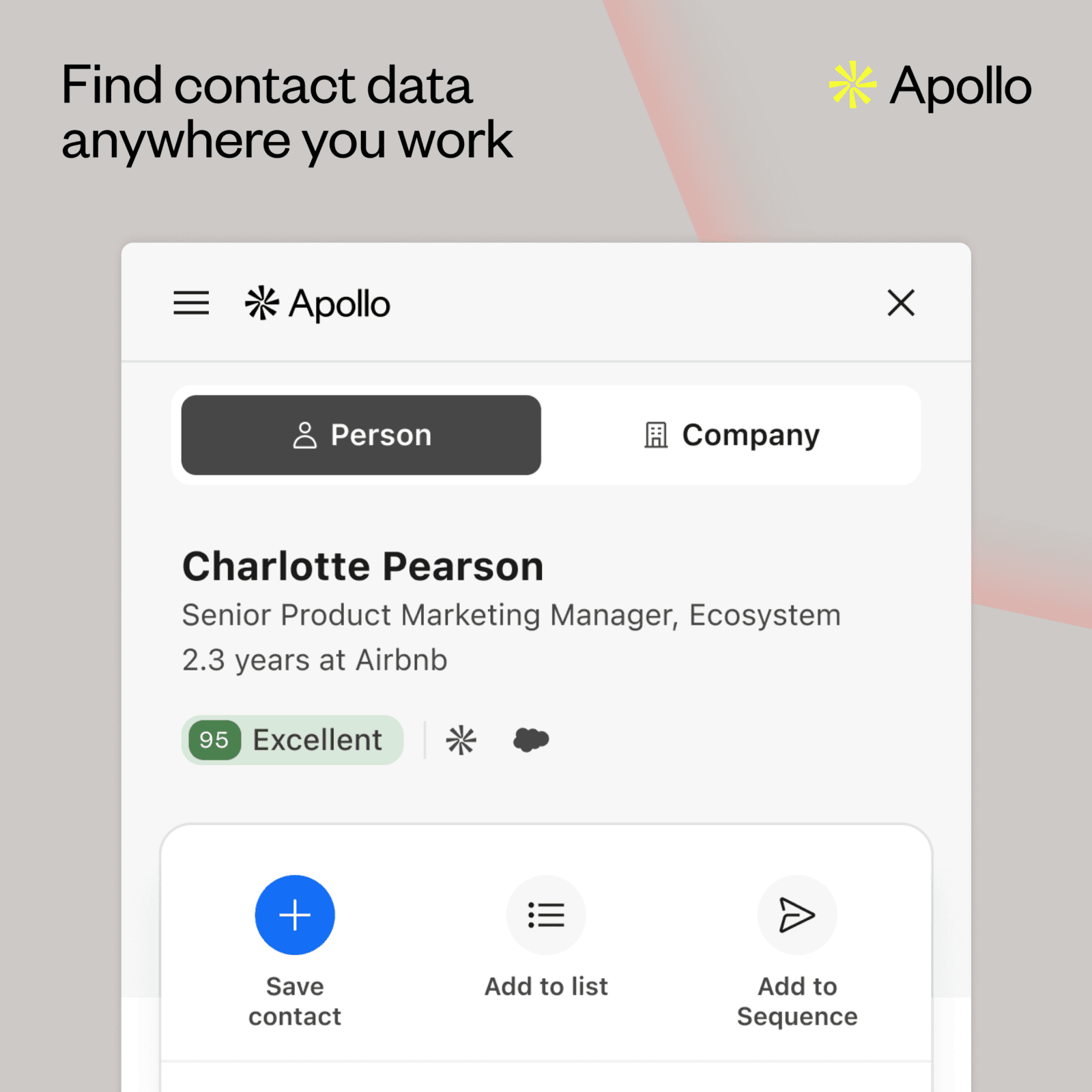 Apollo-extensie toont contactgegevens van een prospect, met de opties opslaan, toevoegen aan lijst en toevoegen aan sequence