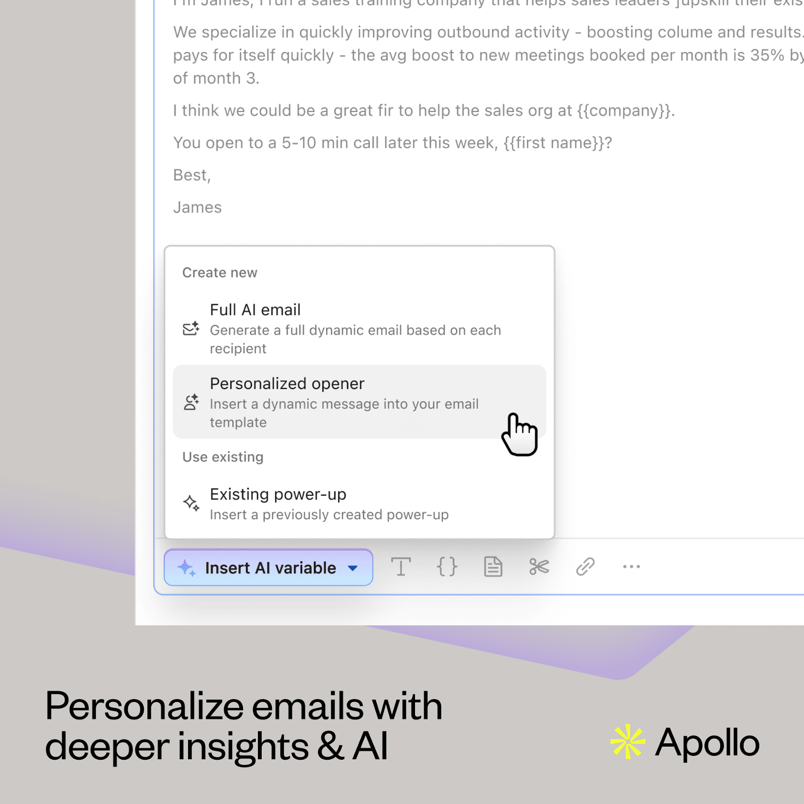 Apollo genereert een gepersonaliseerde e-mail met AI-variabelen